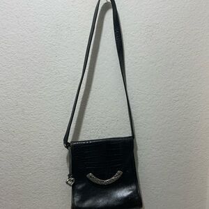 Vintage BRIGHTON  Black Croc Embossed Leather Bucket Flap Crossbody Bag